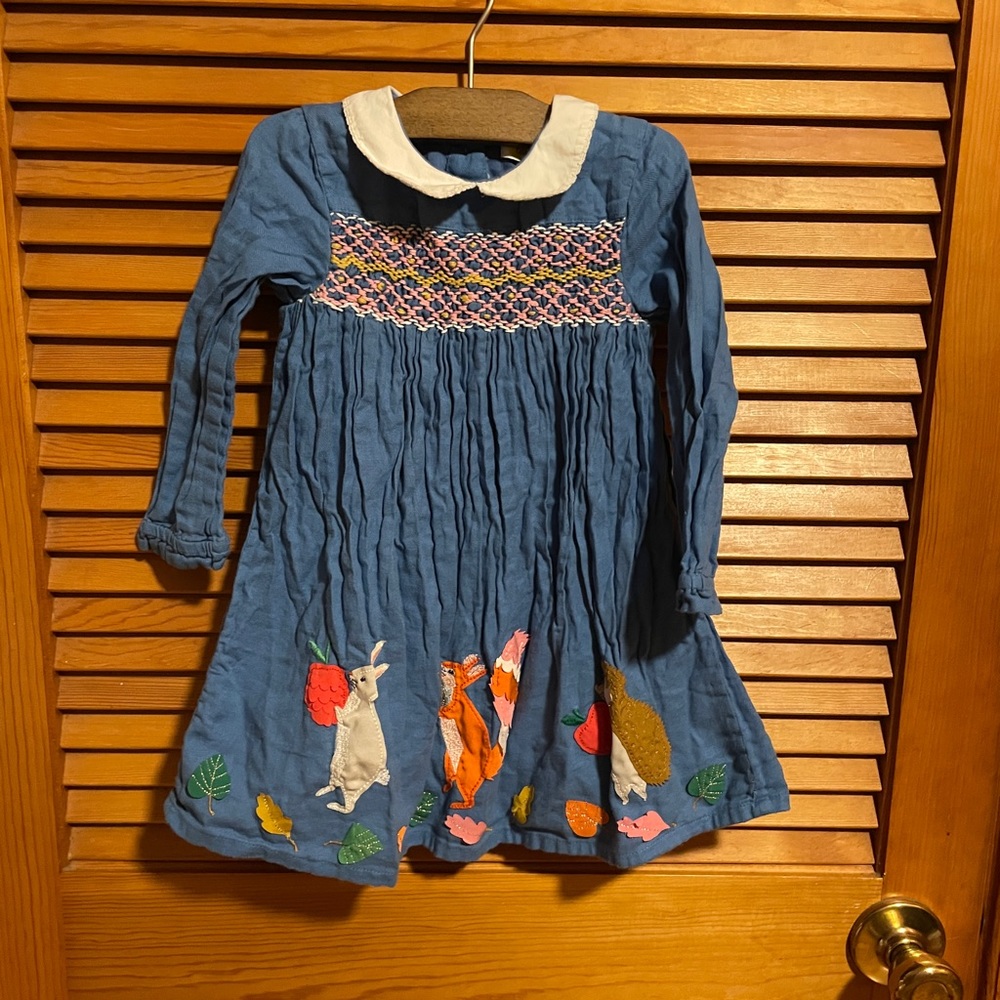 Baby Boden blue smocked dress woodland creatures